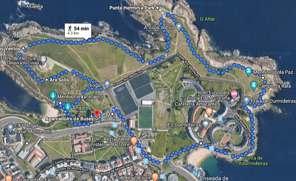 Mapa de Google Maps de la ruta caminant per la Torre d'Hércules