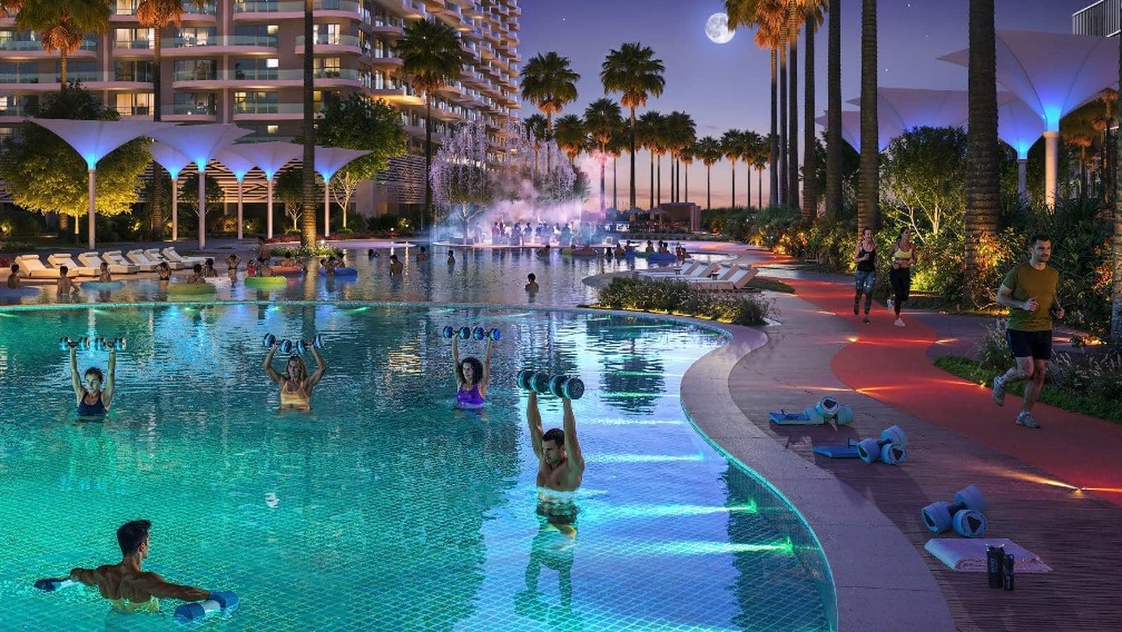 Nighttime resort pool with aqua aerobics participants, palm trees, loungers, curved illuminated deck, and runners on a red-lit path under the moon.