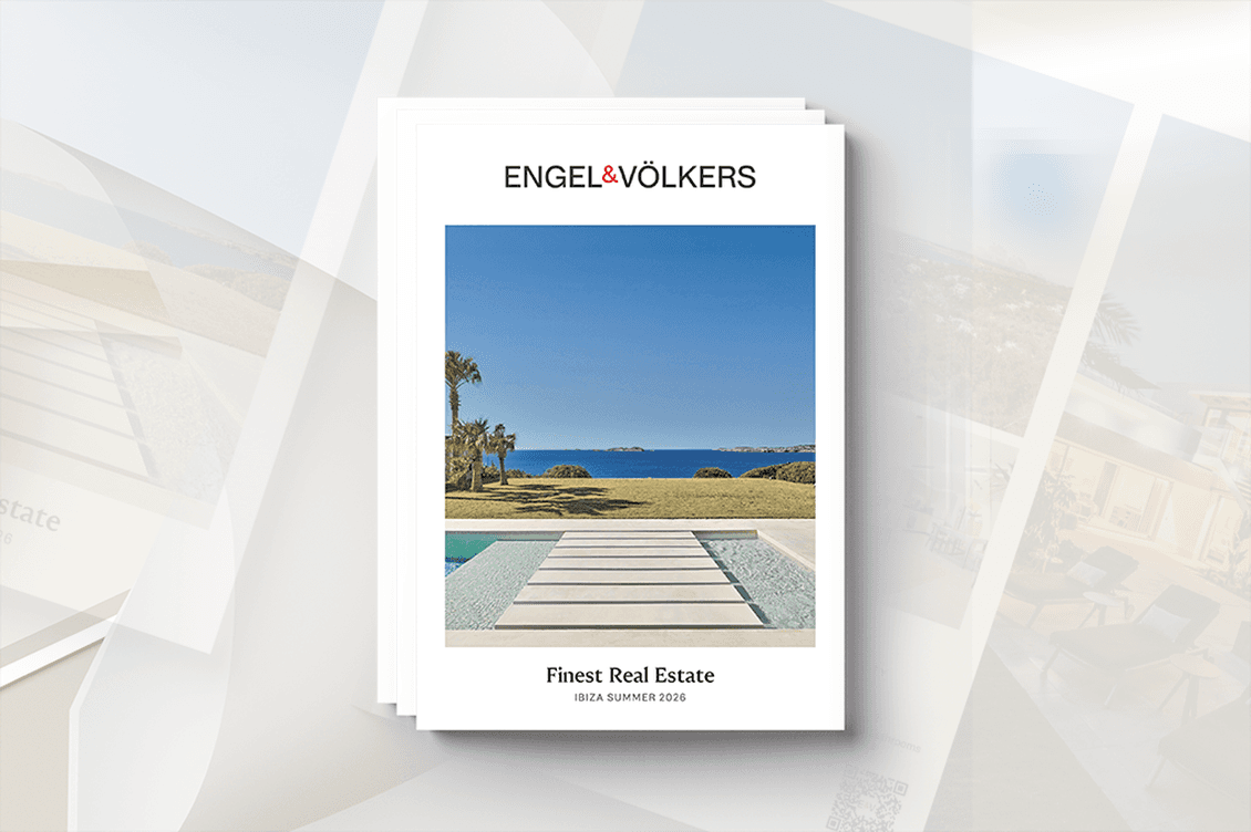 Engel & Völkers brochure cover featuring a poolside scene with palm trees and the sea; captioned "Finest Real Estate" — Ibiza Summer 2026.