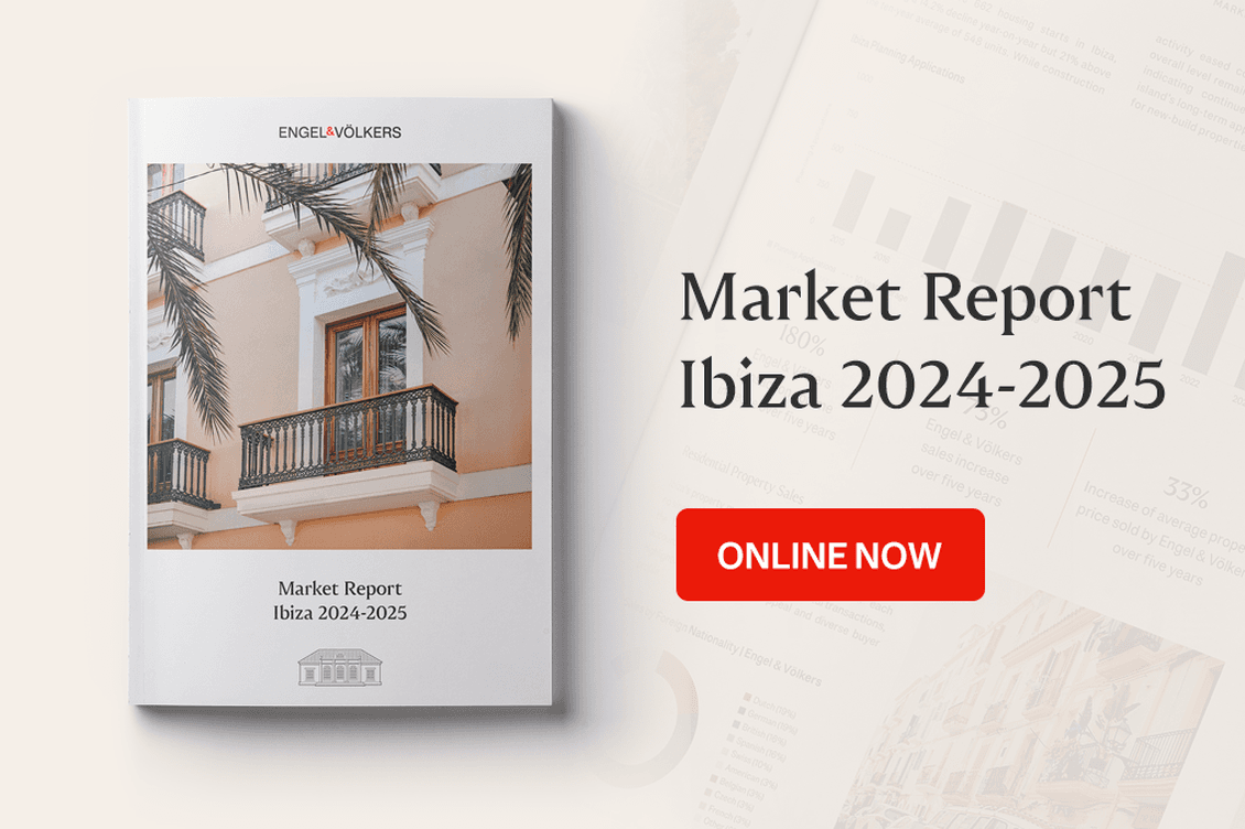 Cover of the Engel & Völkers Ibiza Market Report 2024 2025 showing a Mediterranean facade and the note Online Now