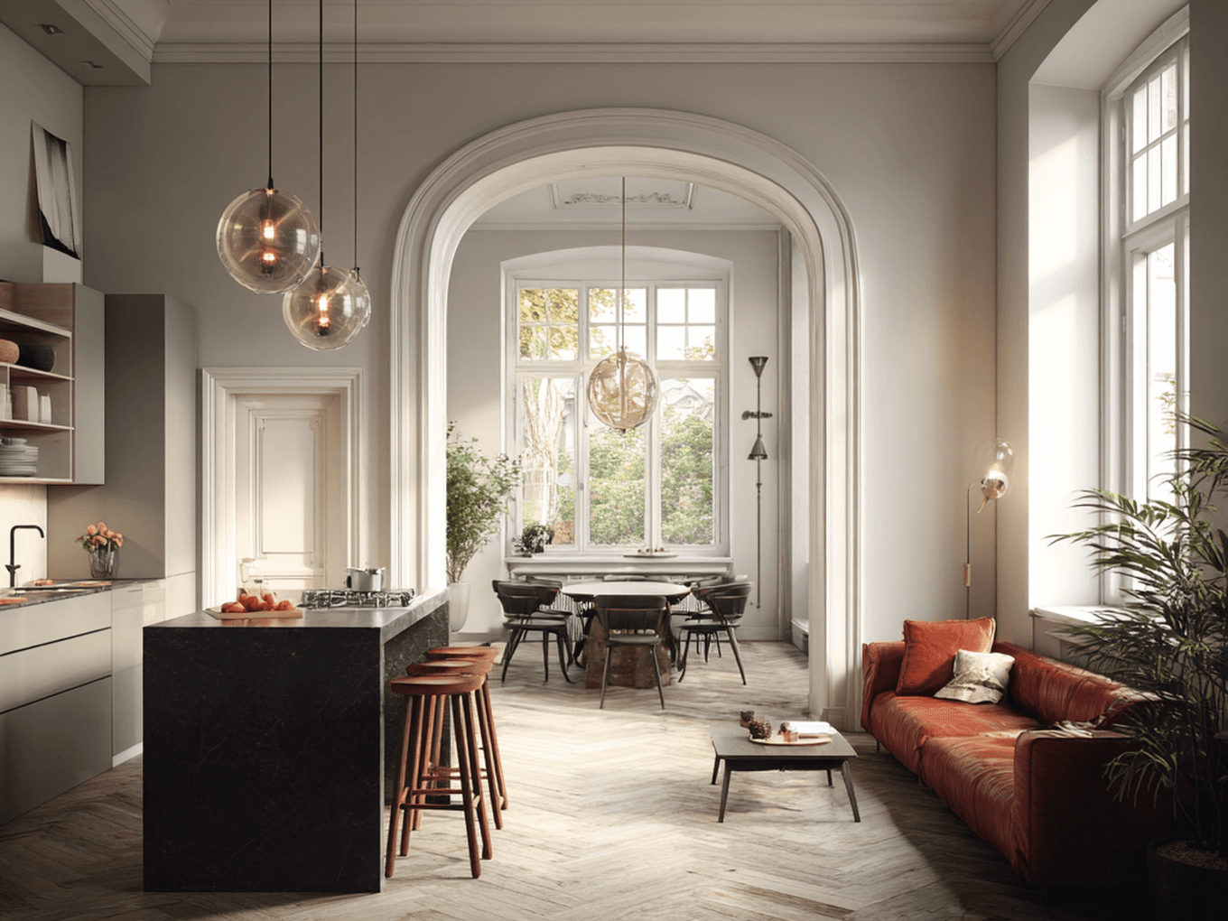 Spacious modern kitchen with high ceilings, large windows, a marble island, pendant lights, and a cozy seating area with a red sofa.