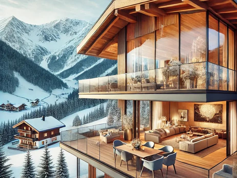 Modernes Luxus-Chalet mit großen Glasfronten und Blick auf die verschneiten Alpen.