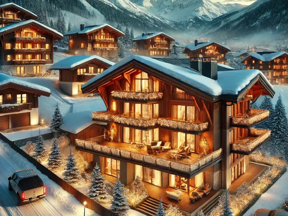 Hochwertige Chalet-Siedlung in Saalbach & Leogang mit Holzfassaden und warmem Licht.