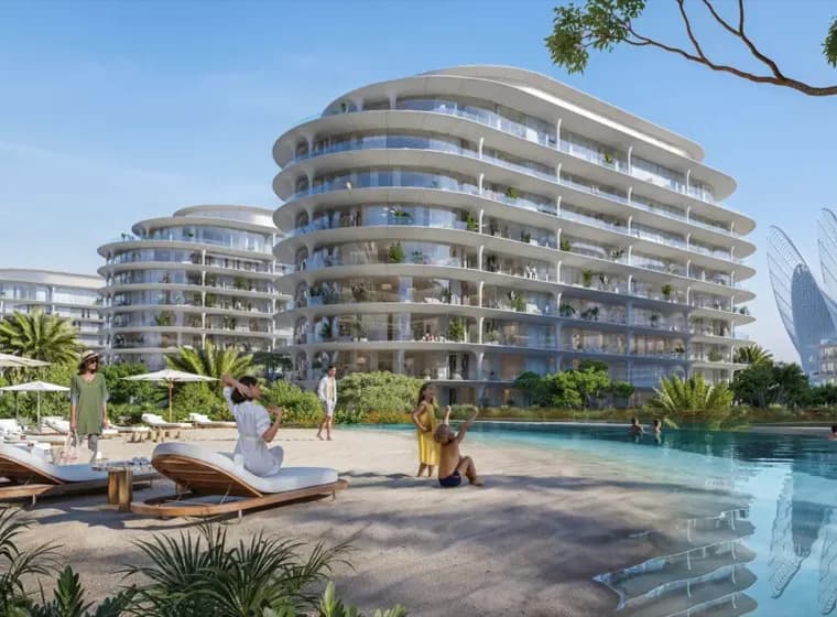 Luxurious beachfront resort with modern, curved buildings, a pool, palm trees, and loungers. People relax under umbrellas. Futuristic buildings nearby.