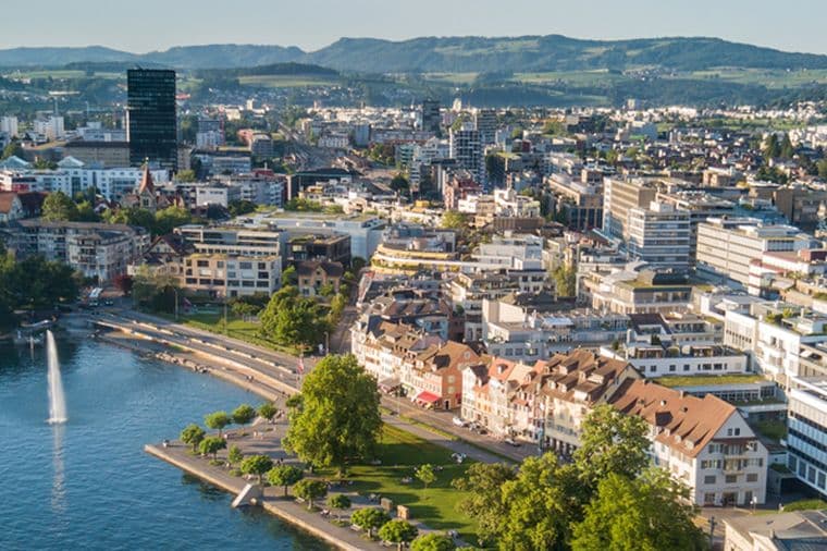 Aerial view of the town of Zug on Lake Zug