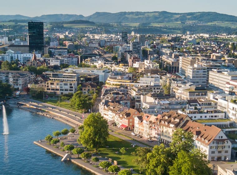 Aerial view of the town of Zug on Lake Zug