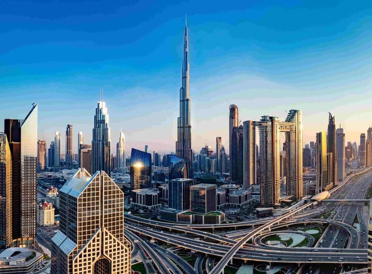 The Downtown Dubai skyline at dusk, symbolizing the city's dynamic real estate market and the importance of understanding current mortgage interest rates.