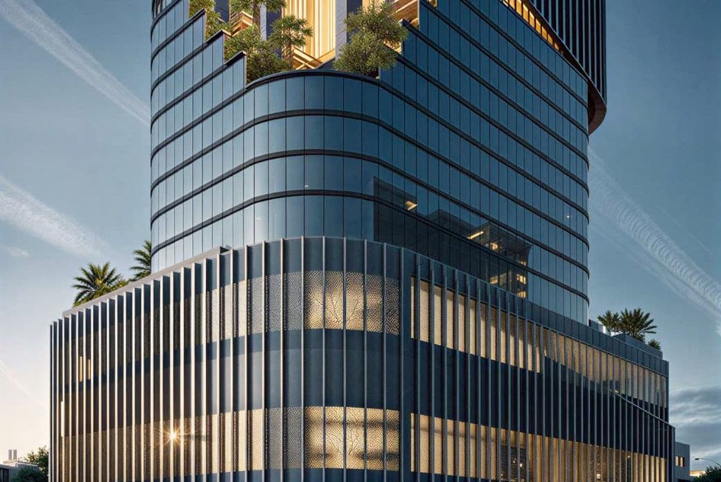 Modern glass building at dusk with illuminated windows, featuring tiered design and rooftop gardens with palm trees. Cars drive past softly lit street.