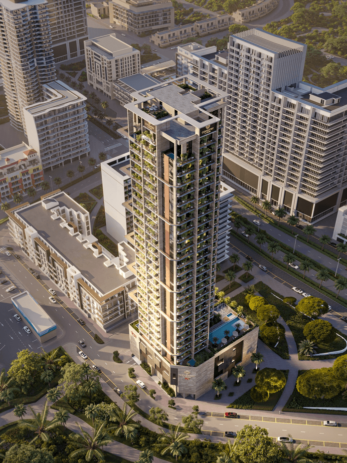 Coventry Living by GFS Developments with sunset lighting across the tower’s contemporary elevations and planted balconies.