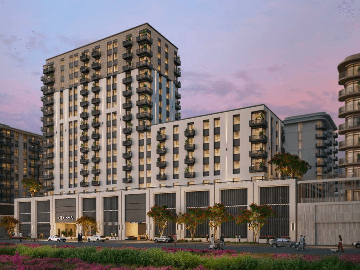 Aussenansicht von Odessa mit mittel hohen Wohngebäuden, Balkonen, Einzelhandel im Erdgeschoss, gestalteter Eingangszone und Abendbeleuchtung.