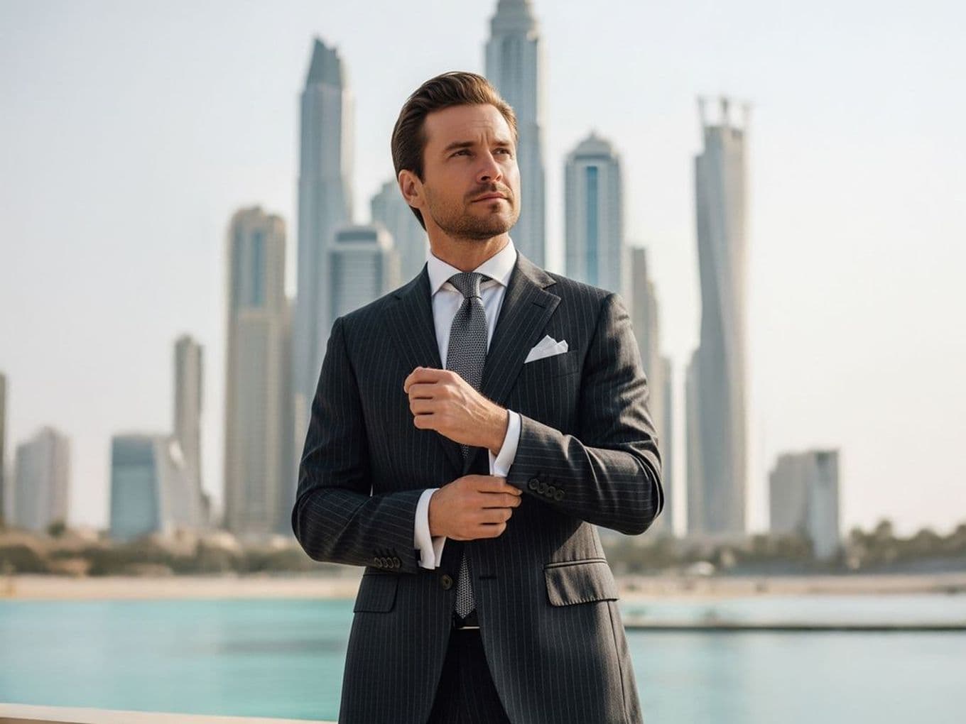Man in a suit stands confidently by a waterfront with the Dubai Marina skyline in the background, under a clear sky.
