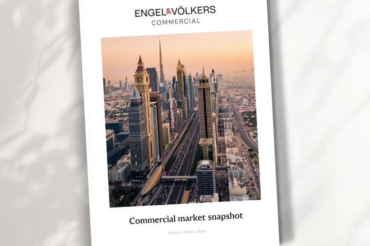 Cover of Engel & Völkers Commercial market snapshot showing a sunset aerial view of Dubai skyscrapers, April 2026 edition.