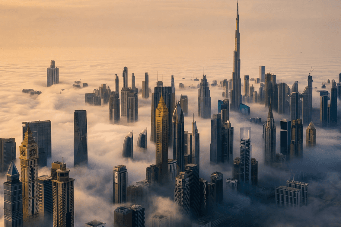 Aerial view of a city skyline with tall skyscrapers emerging through dense morning fog, under a softly lit, cloudy sky.