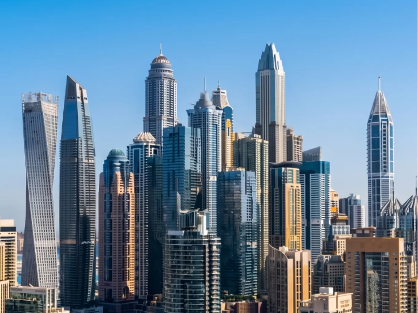 A dense cluster of glassy modern skyscrapers rises along a canal under a clear blue sky.