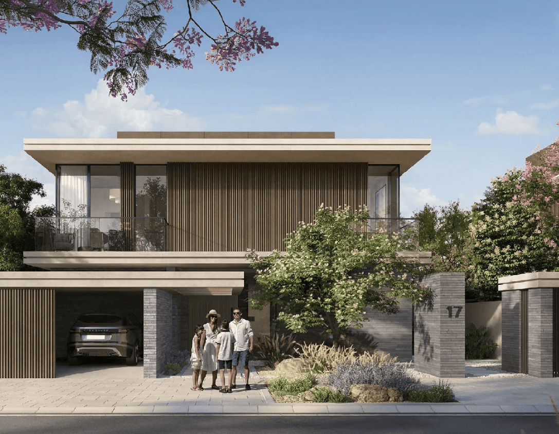 Modern two-story house with wooden accents, a car in the garage, and a family of four standing outside. Lush greenery and clear blue sky.