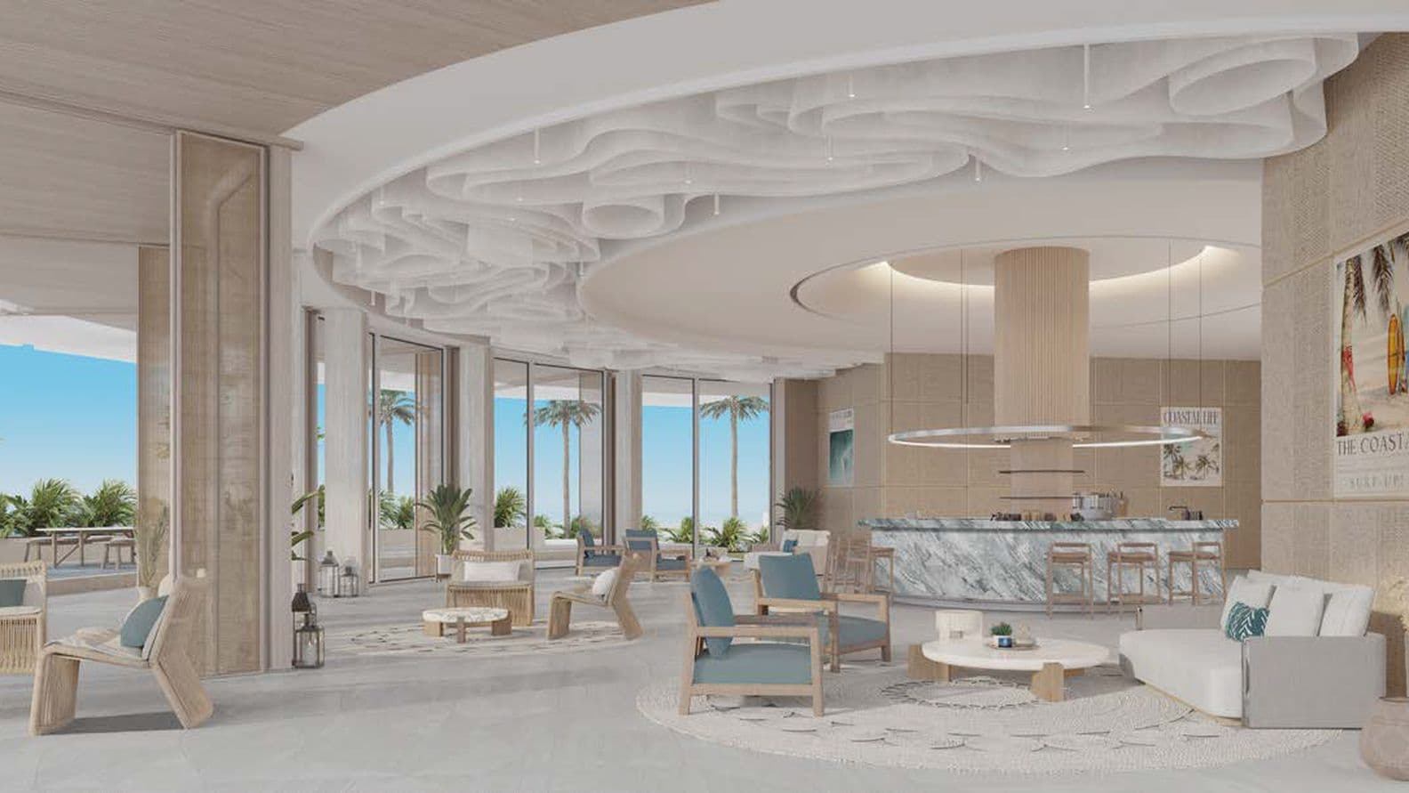 A bright, modern coastal-style lobby with large floor-to-ceiling windows, light wood finishes, a marble reception counter, soft neutral furniture, and views of palm trees and the ocean in the background.