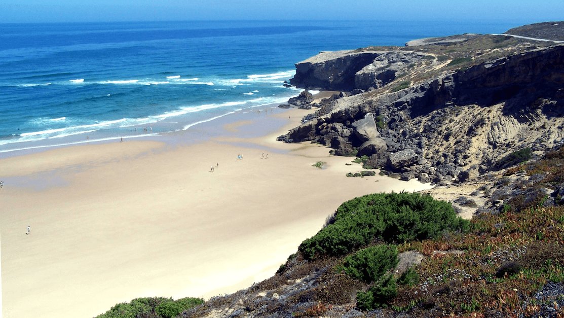 A scenic view of a sandy beach with gentle waves, rocky cliffs, and scattered greenery under a clear blue sky.