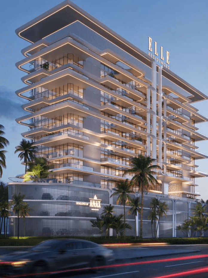 Architectural view of ELLE Residences with floor to ceiling glazing and podium level landscaping.