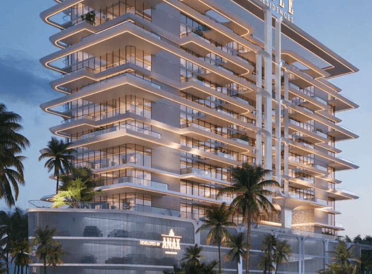 Architectural view of ELLE Residences with floor to ceiling glazing and podium level landscaping.