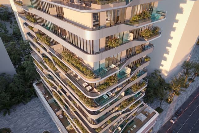 aerial view of Bayview Boulevard showing swimming pools on balconies