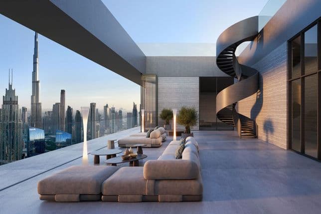 Loungebereich des Akala Apartments mit Blick auf den Burj Khalifa