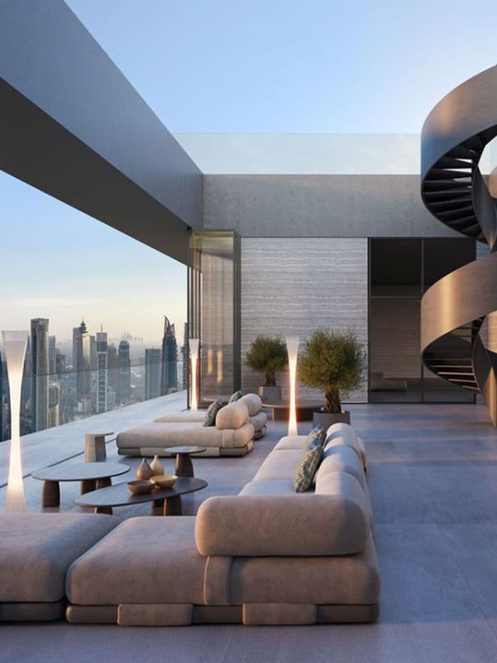 Loungeblick des Akala Apartments mit Aussicht auf den Burj Khalifa