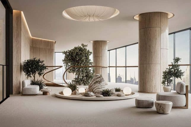 Modernes Interieur mit großen Fenstern, Wendeltreppe, runden Sitzgelegenheiten und einem zentralen Steingarten mit Pflanzen. Neutrale Farbtöne und sanfte Beleuchtung.