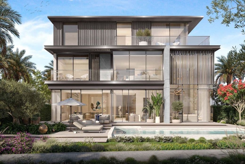 Exterior view of a 7-bedroom villa at Nad Al Sheba Gardens Phase 10 by Meraas, showcasing modern design, full-height glass panels, and a private pool.