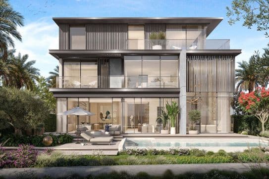 Exterior view of a 7-bedroom villa at Nad Al Sheba Gardens Phase 10 by Meraas, showcasing modern design, full-height glass panels, and a private pool.
