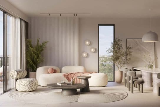 Ein durchdacht eingerichtetes Wohnzimmer vereint natürliche Farbtöne und edle Texturen zu einem warmen, einladenden Zuhause.