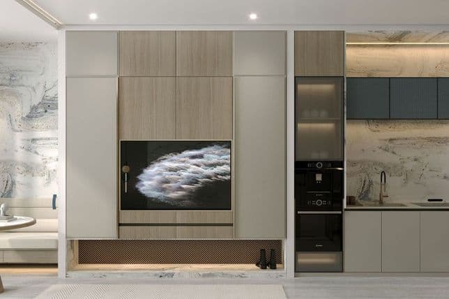 Open plan living space with contemporary finishes in apartment