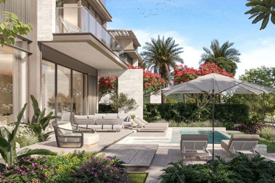 Landscaped garden with a private pool and outdoor lounge area at Nad Al Sheba Gardens Phase 10 by Meraas, 7-bedroom villa.