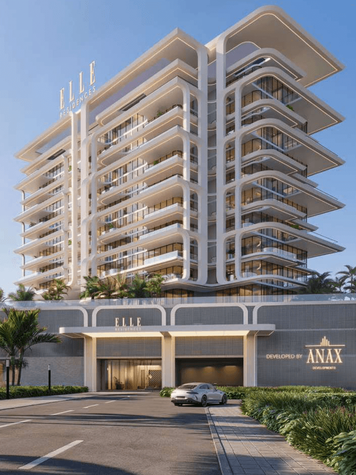 Modern low rise building at ELLE Residences featuring layered terraces and a landscaped podium.