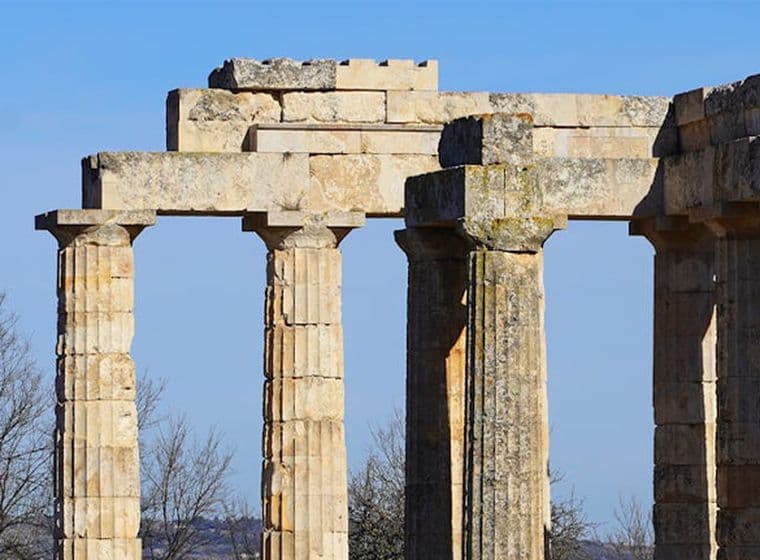 Ruins of the Temple of Aphaia on Aegina, Greece. Stone columns stand against a clear blue sky. Bare trees are visible on the left.