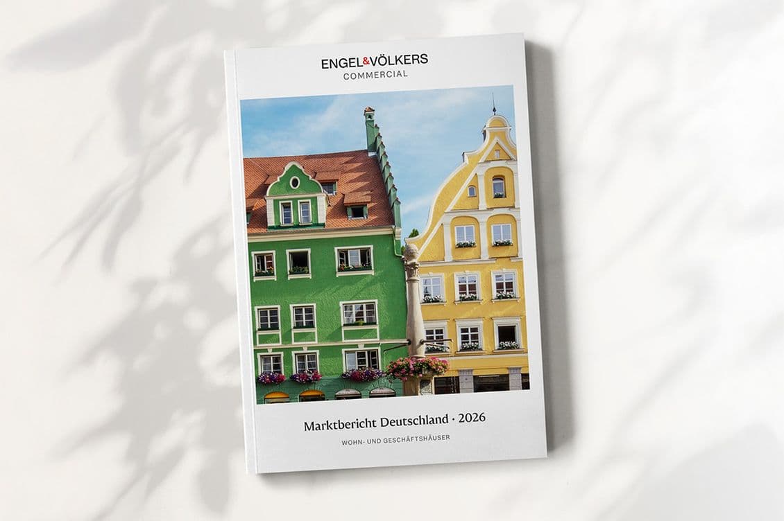 Cover of the Engel & Völkers Commercial report for 2026, featuring colorful buildings under a blue sky.