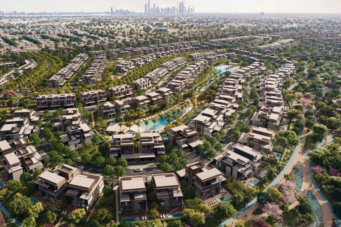 Aerial view of a residential area set against a distant city skyline.