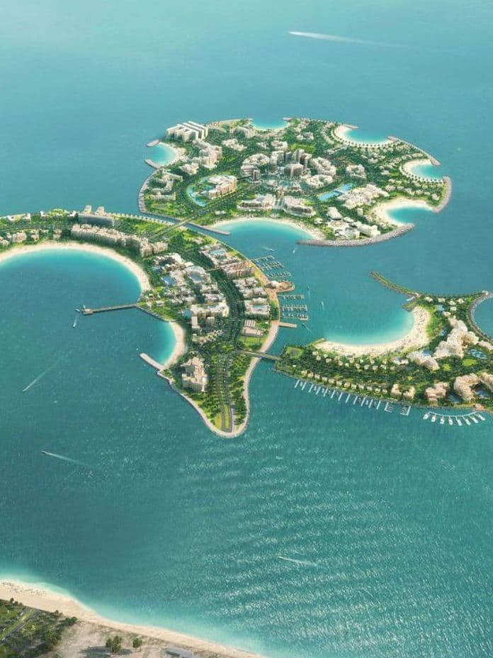 aerial view of Al Marjan Island showing luxury resorts and apartments