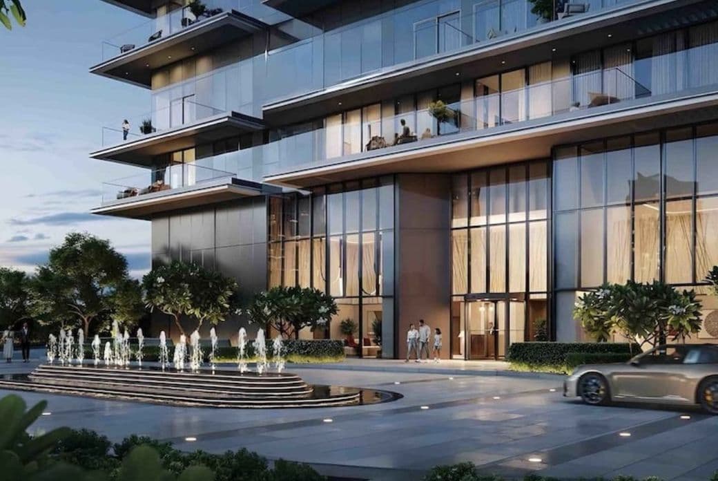 Grand lobby entrance with water feature at Rosehill Dubai Hills Estate by EMAAR, showcasing modern architecture and luxury arrival experience.