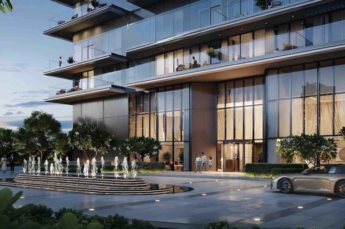 Grand lobby entrance with water feature at Rosehill Dubai Hills Estate by EMAAR, showcasing modern architecture and luxury arrival experience.