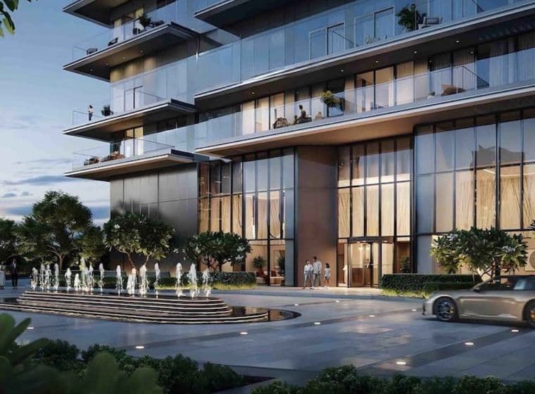 Grand lobby entrance with water feature at Rosehill Dubai Hills Estate by EMAAR, showcasing modern architecture and luxury arrival experience.