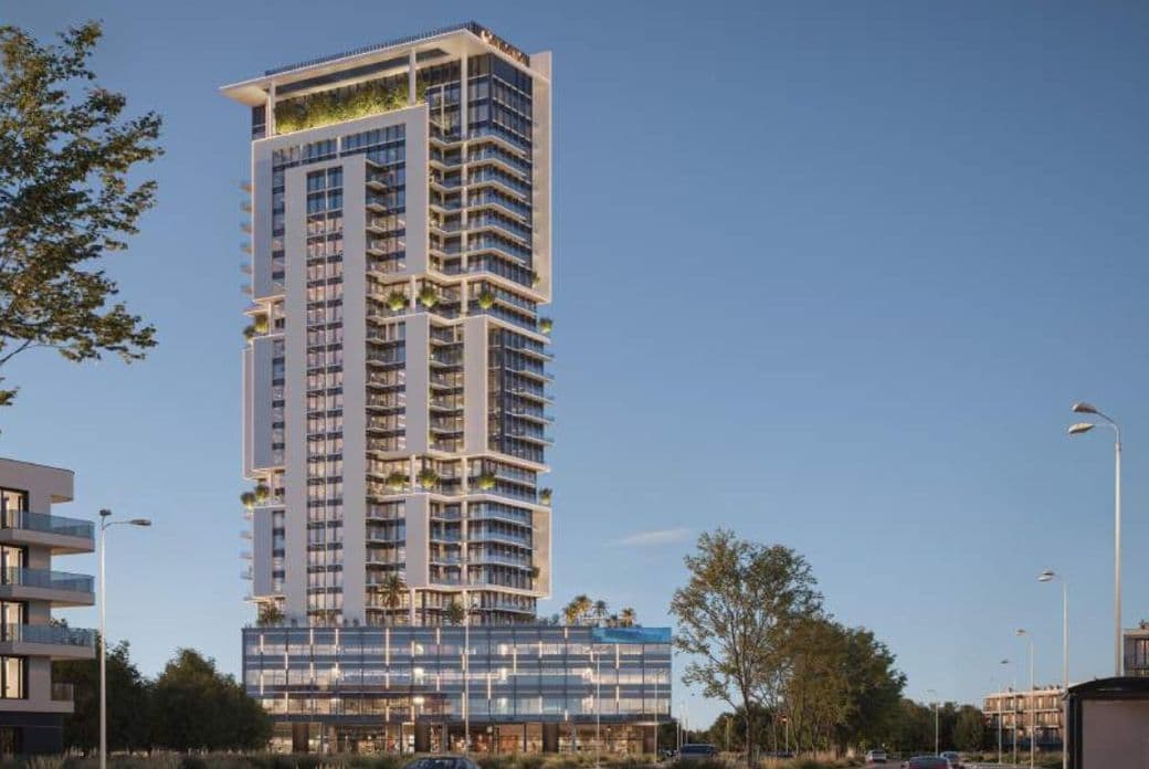Exterior view of Samana Barari Avenue’s iconic residential tower surrounded by greenery, showcasing a modern architectural design with private balconies.