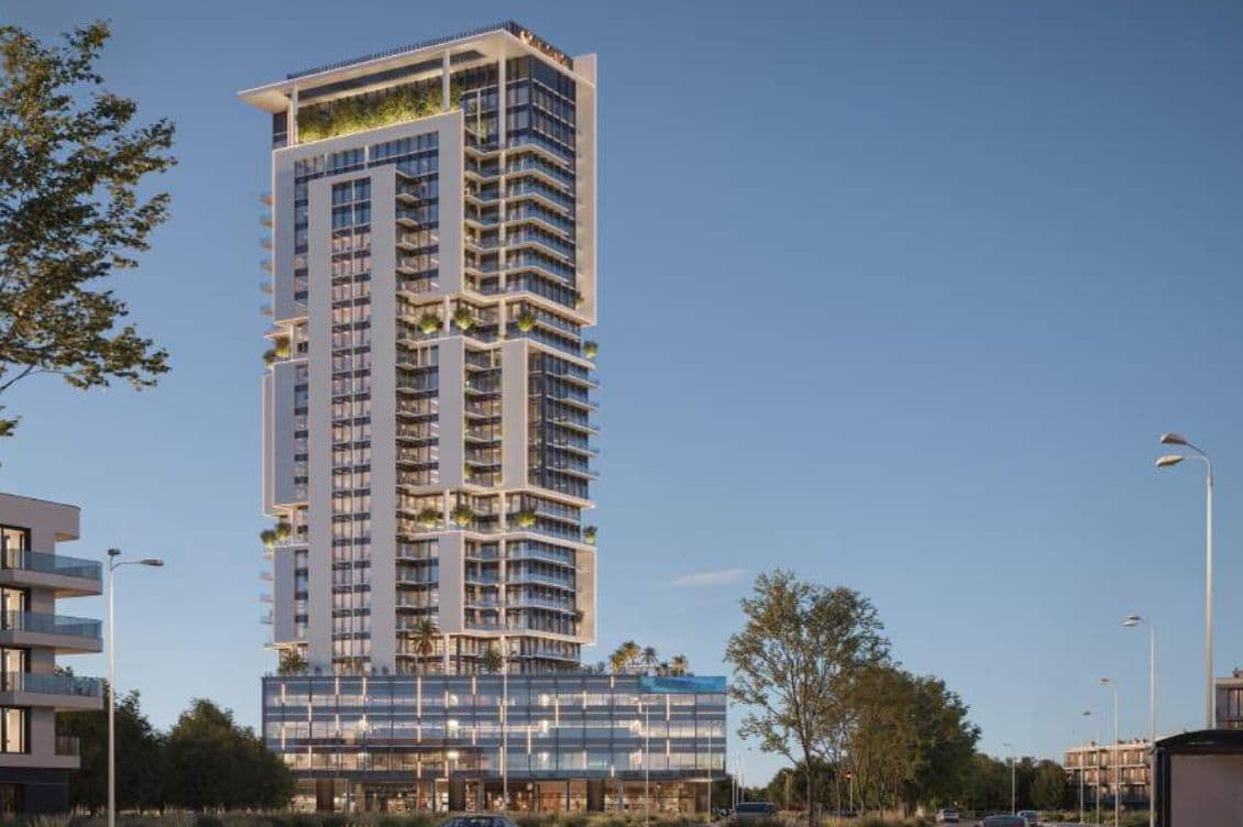 Exterior view of Samana Barari Avenue’s iconic residential tower surrounded by greenery, showcasing a modern architectural design with private balconies.