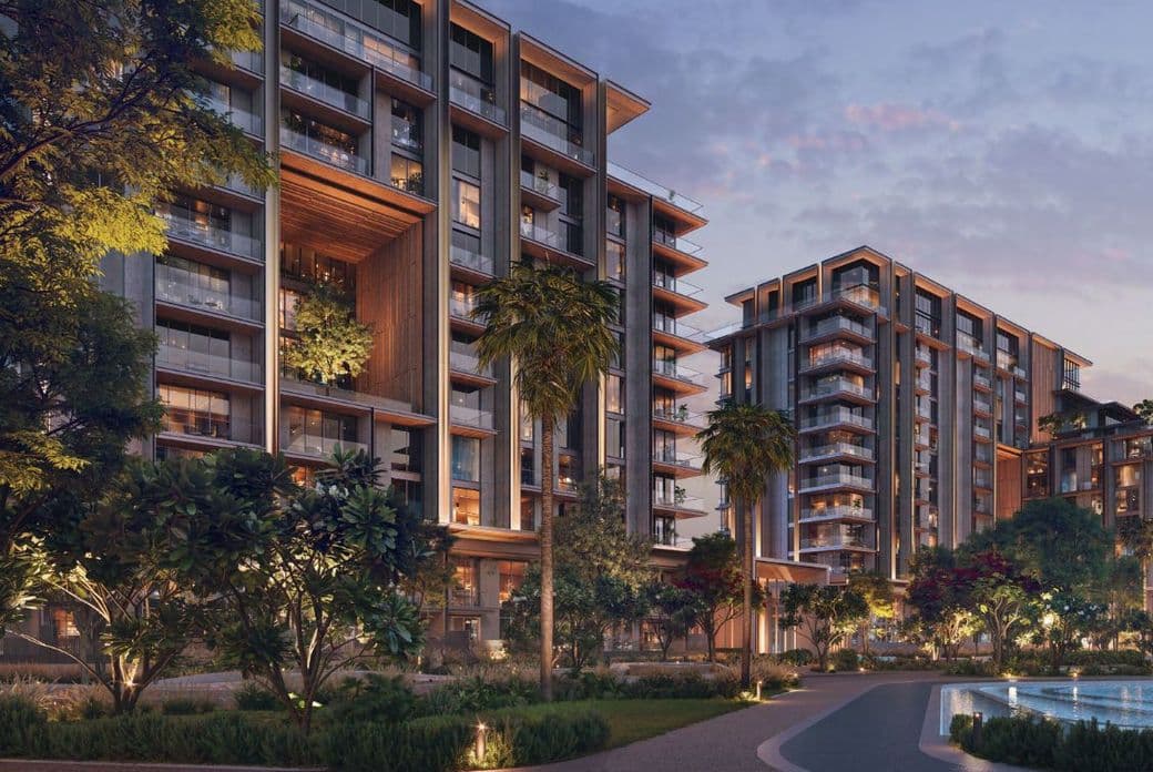 Evening view of modern residential buildings at City Walk Crestlane by Meraas, City Walk, Dubai.