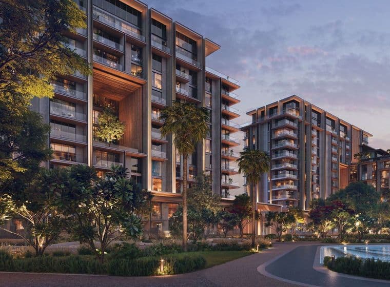 Evening view of modern residential buildings at City Walk Crestlane by Meraas, City Walk, Dubai.