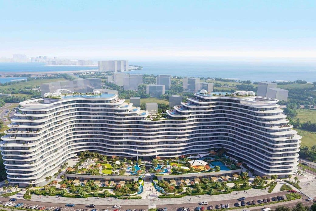 Aerial view of La Mazzoni by Luxe at Al Marjan Island RAK with beachfront location and curved architectural design