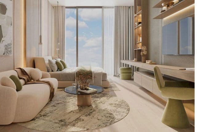 Thoughtfully designed studio interiors with soft textures, built-in workspace, and floor-to-ceiling windows for natural light.