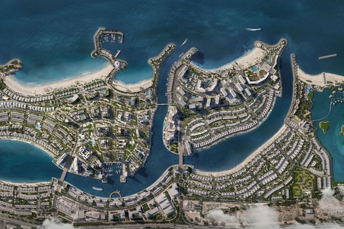 Master plan of Mina Al Arab island with residential communities, beaches, and waterways.