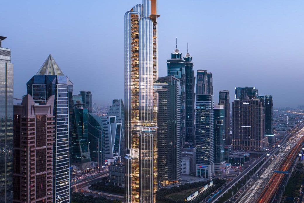 Aerial view of Lumena tower at dusk surrounded by skyscrapers along Sheikh Zayed Road, Dubai.