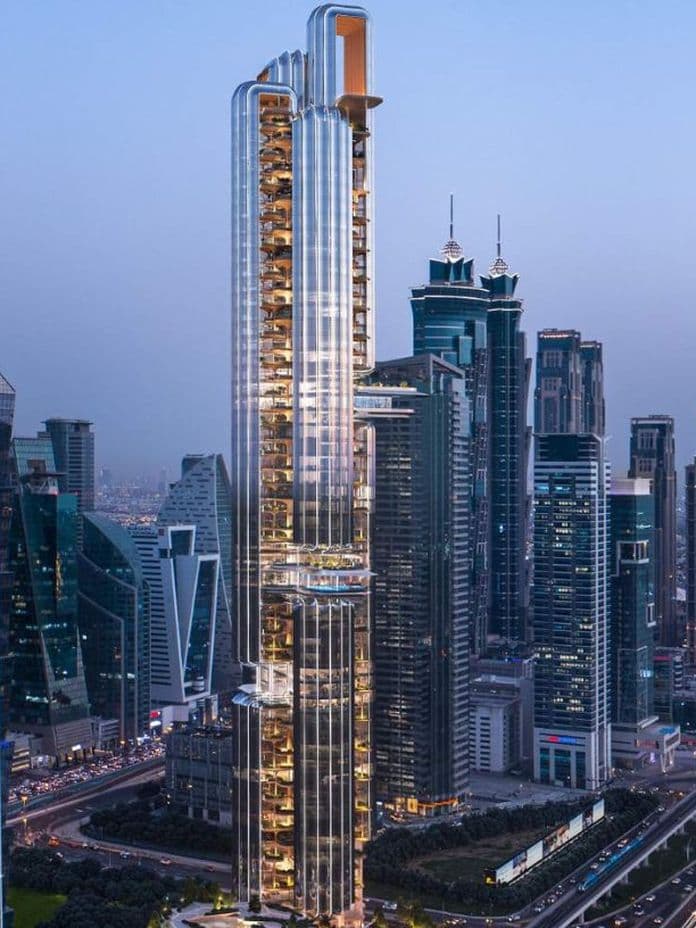 Aerial view of Lumena tower at dusk surrounded by skyscrapers along Sheikh Zayed Road, Dubai.