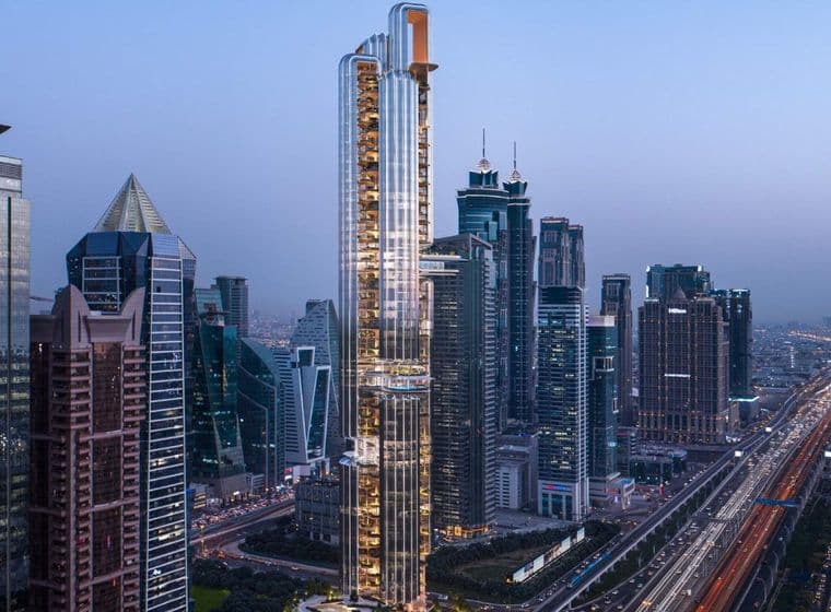 Aerial view of Lumena tower at dusk surrounded by skyscrapers along Sheikh Zayed Road, Dubai.